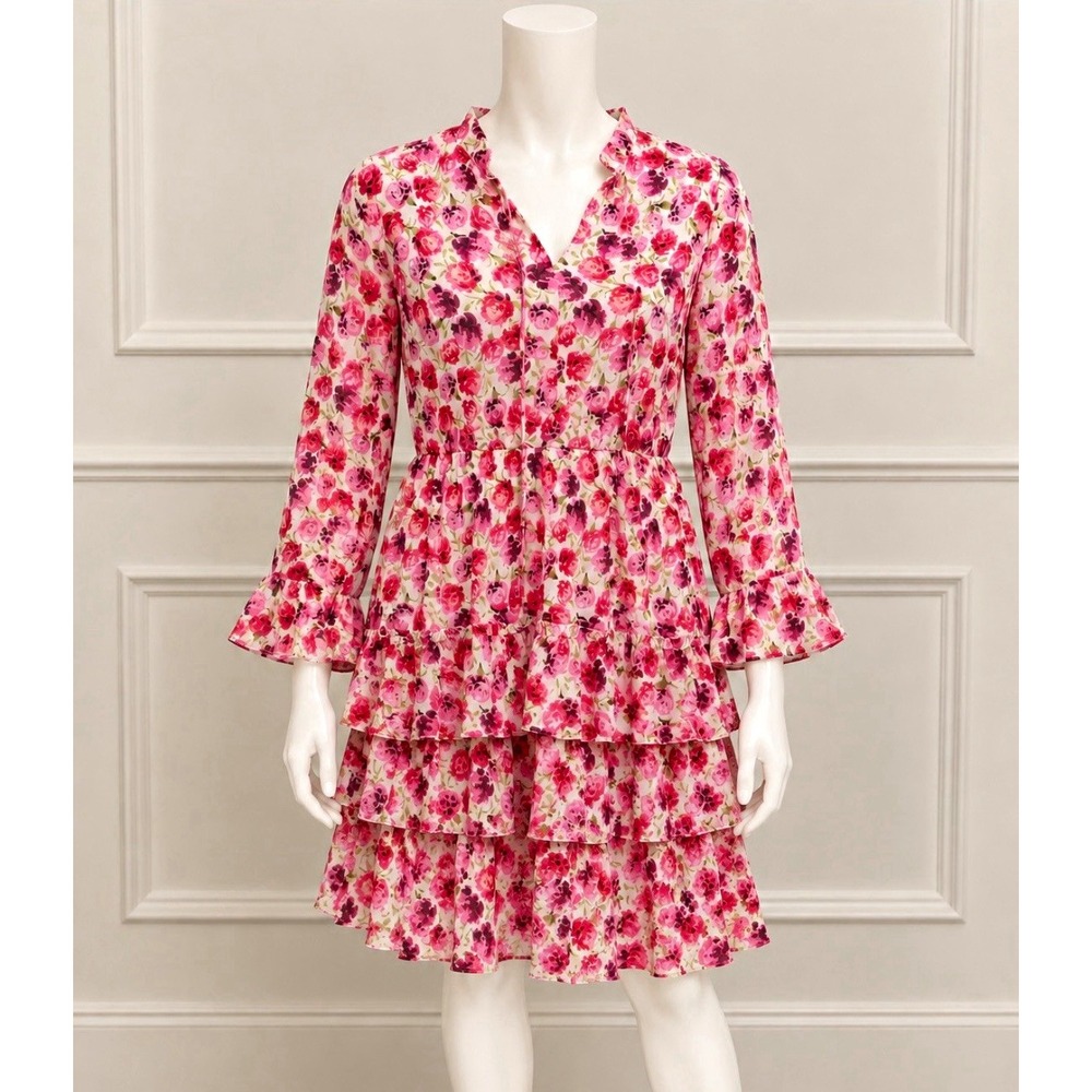 REDTAG Women's Floral Dress Size 14 Pink V-Neck Long Sleeve Ruffle Chiffon XL